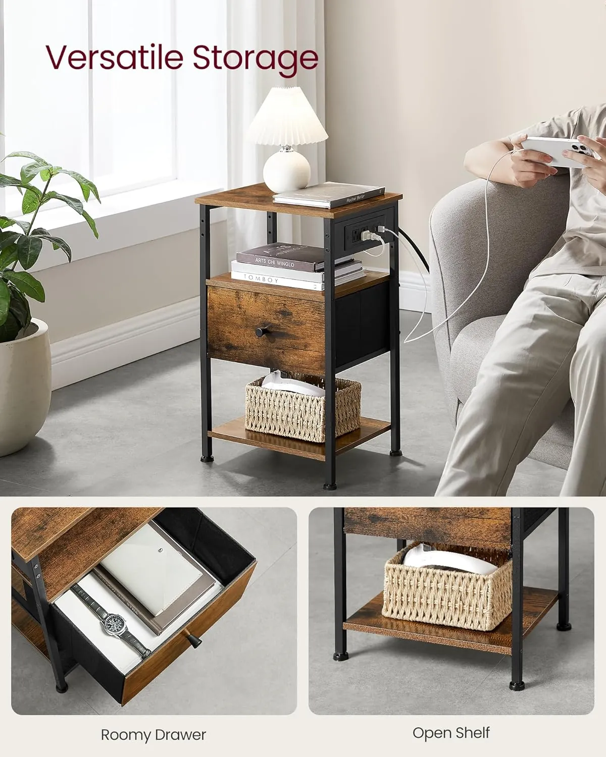 VASAGLE Nightstand with Charging Station, Night Stand, Side Table with 1 Drawer and 2 Open Shelves, Fabric Drawers with MDF Front, End Table, Rustic Brown and Classic Black ULGS026K01 - Image 7