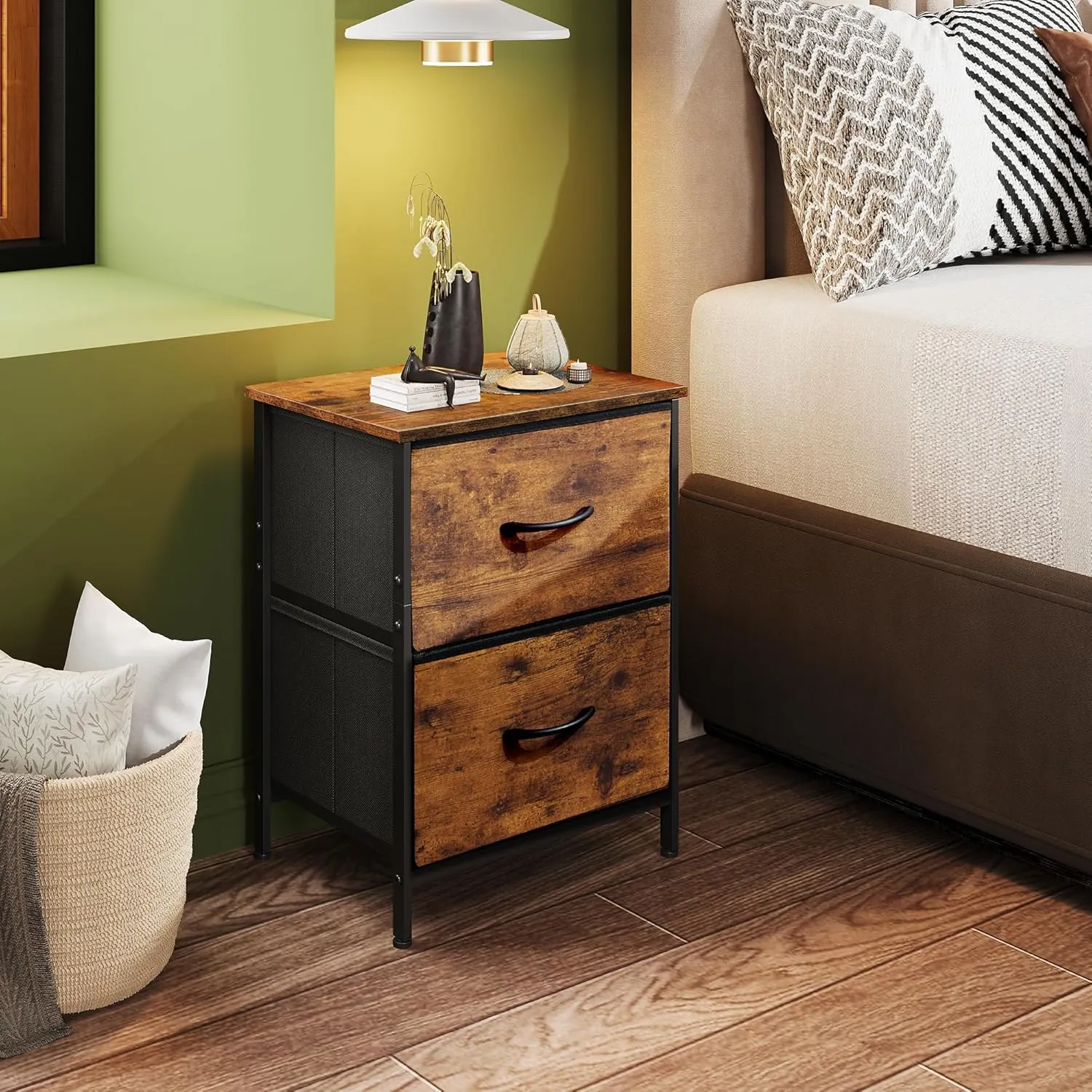 WLIVE Nightstand, Small 2 Drawer Dresser, Bedside Furniture, Night Stand, End Table with Fabric Bins for Bedroom, Closet, Dorm, Rustic Brown Wood Grain Print - Image 2