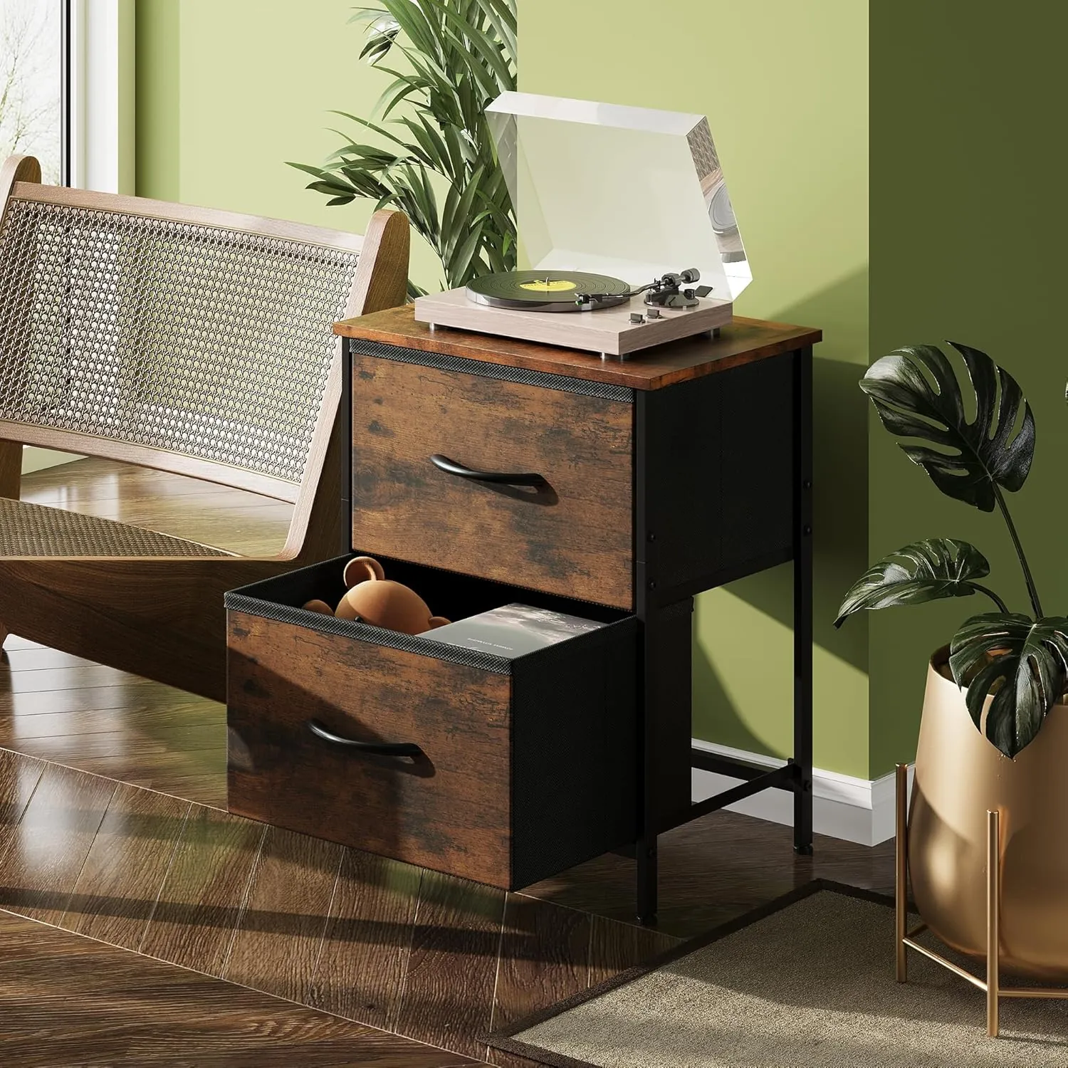 WLIVE Nightstand, Small 2 Drawer Dresser, Bedside Furniture, Night Stand, End Table with Fabric Bins for Bedroom, Closet, Dorm, Rustic Brown Wood Grain Print - Image 3