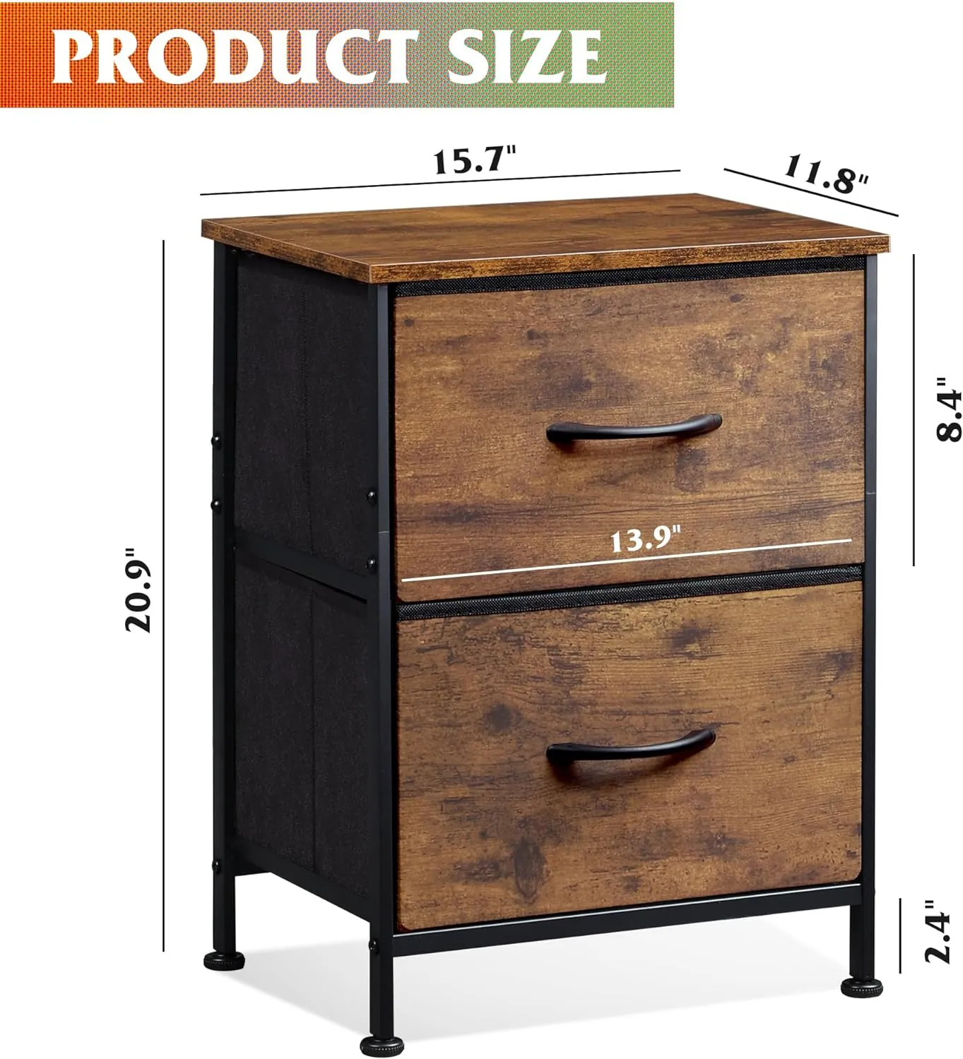 WLIVE Nightstand, Small 2 Drawer Dresser, Bedside Furniture, Night Stand, End Table with Fabric Bins for Bedroom, Closet, Dorm, Rustic Brown Wood Grain Print - Image 4