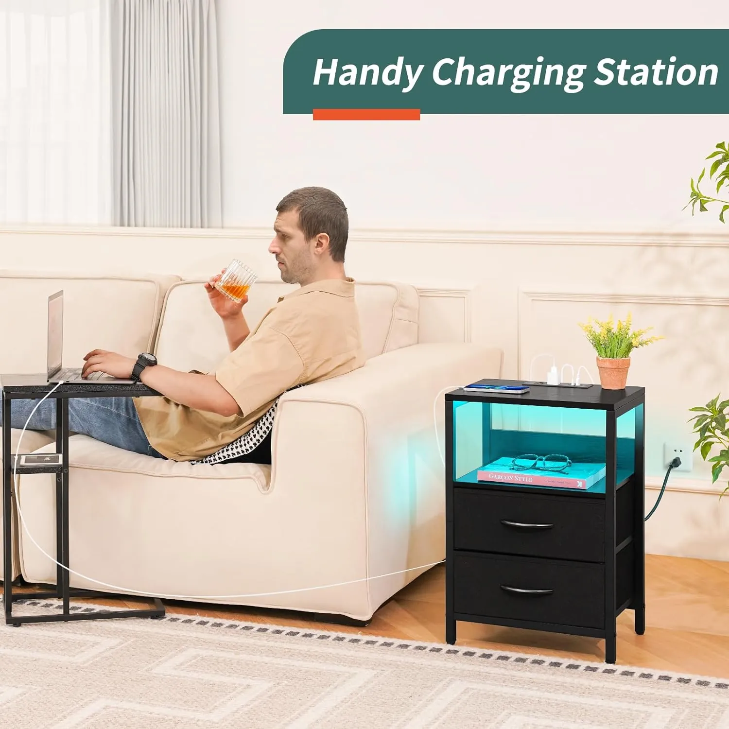 Yoobure Nightstand with Charging Station, LED Night Stand with Fabric Drawers and Storage Shelf for Bedroom, Nightstands Bedside Tables with USB Ports & Outlets, Small Night Stands, Bed Side Table - Image 2