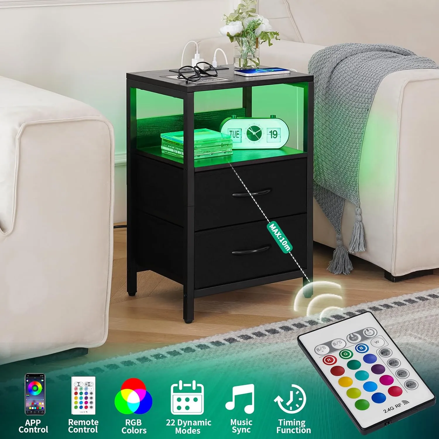 Yoobure Nightstand with Charging Station, LED Night Stand with Fabric Drawers and Storage Shelf for Bedroom, Nightstands Bedside Tables with USB Ports & Outlets, Small Night Stands, Bed Side Table - Image 3