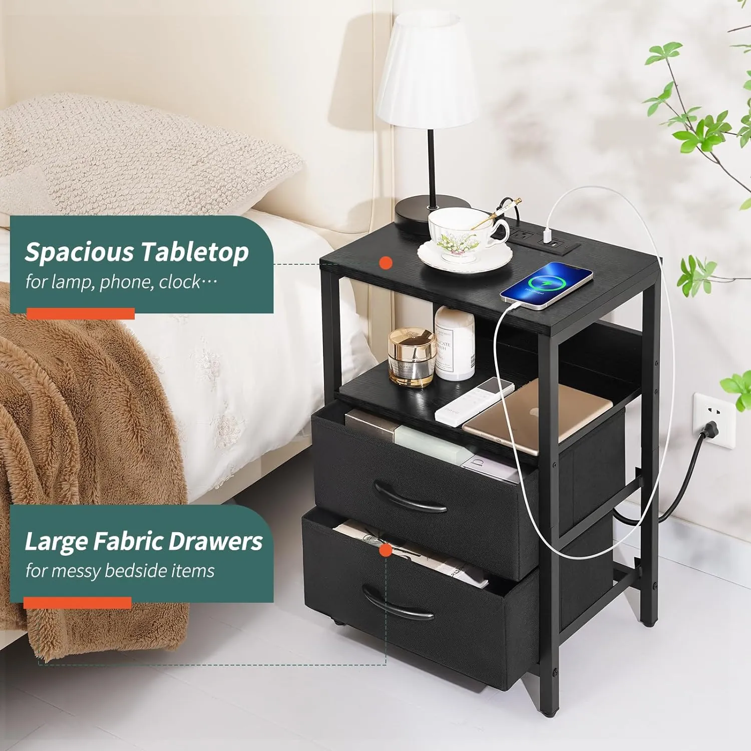 Yoobure Nightstand with Charging Station, LED Night Stand with Fabric Drawers and Storage Shelf for Bedroom, Nightstands Bedside Tables with USB Ports & Outlets, Small Night Stands, Bed Side Table - Image 4
