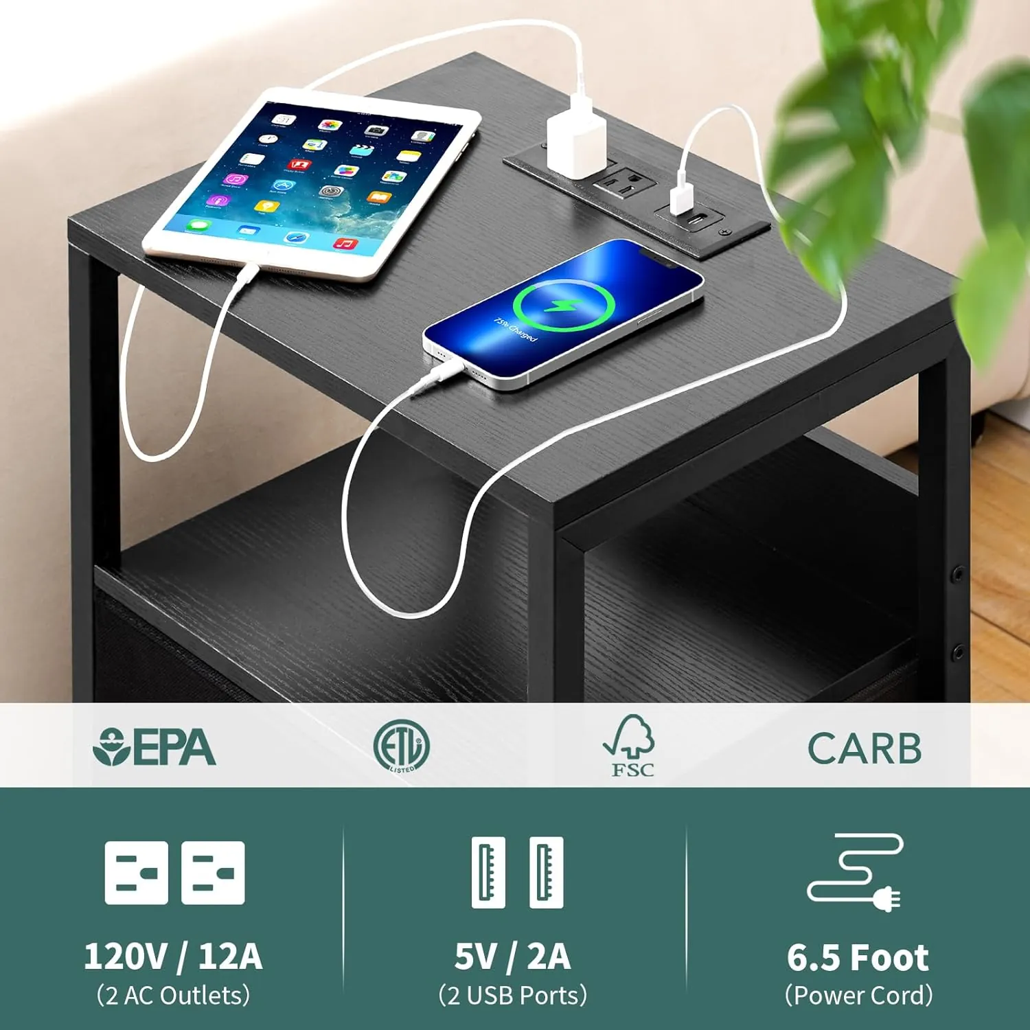 Yoobure Nightstand with Charging Station, LED Night Stand with Fabric Drawers and Storage Shelf for Bedroom, Nightstands Bedside Tables with USB Ports & Outlets, Small Night Stands, Bed Side Table - Image 5