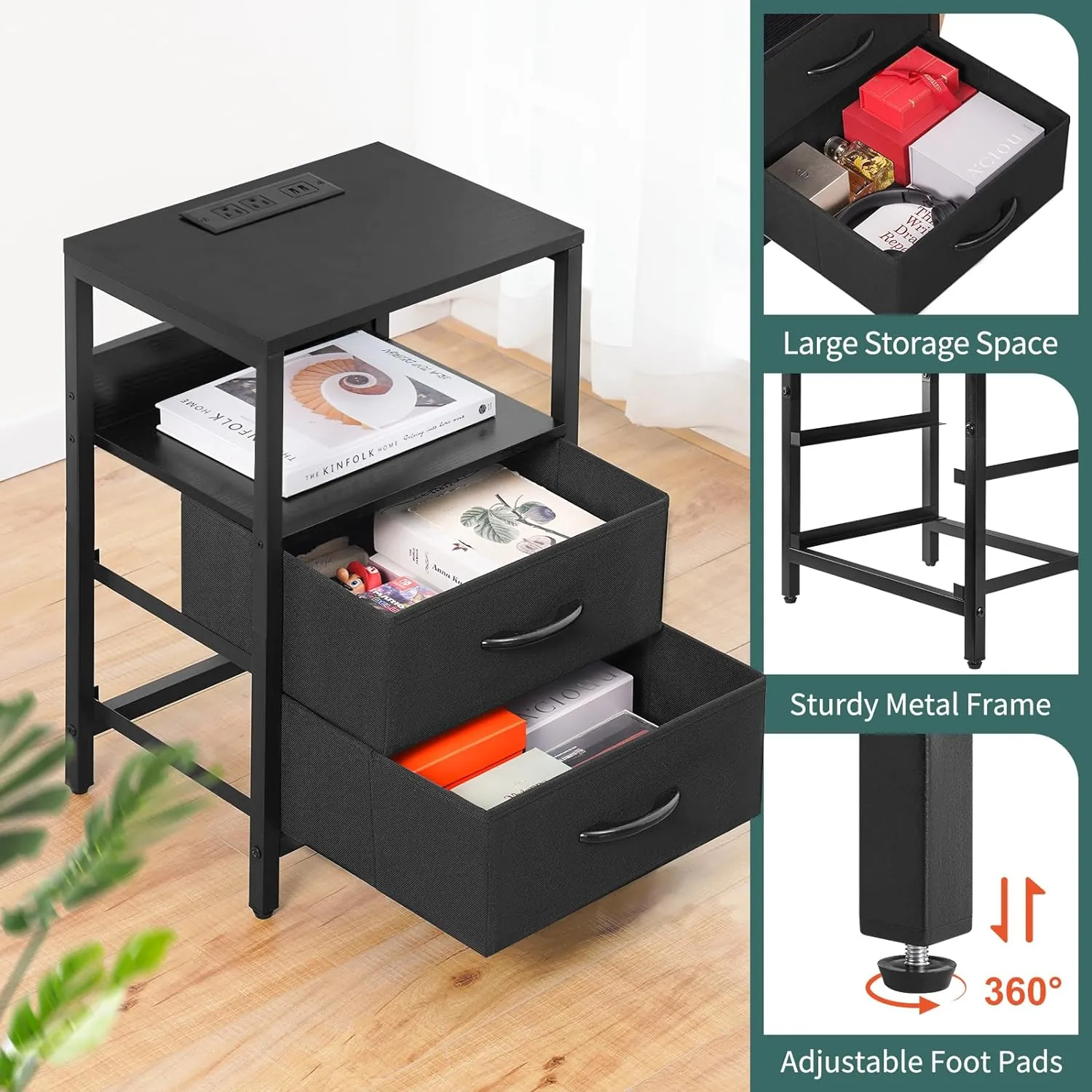 Yoobure Nightstand with Charging Station, LED Night Stand with Fabric Drawers and Storage Shelf for Bedroom, Nightstands Bedside Tables with USB Ports & Outlets, Small Night Stands, Bed Side Table - Image 7