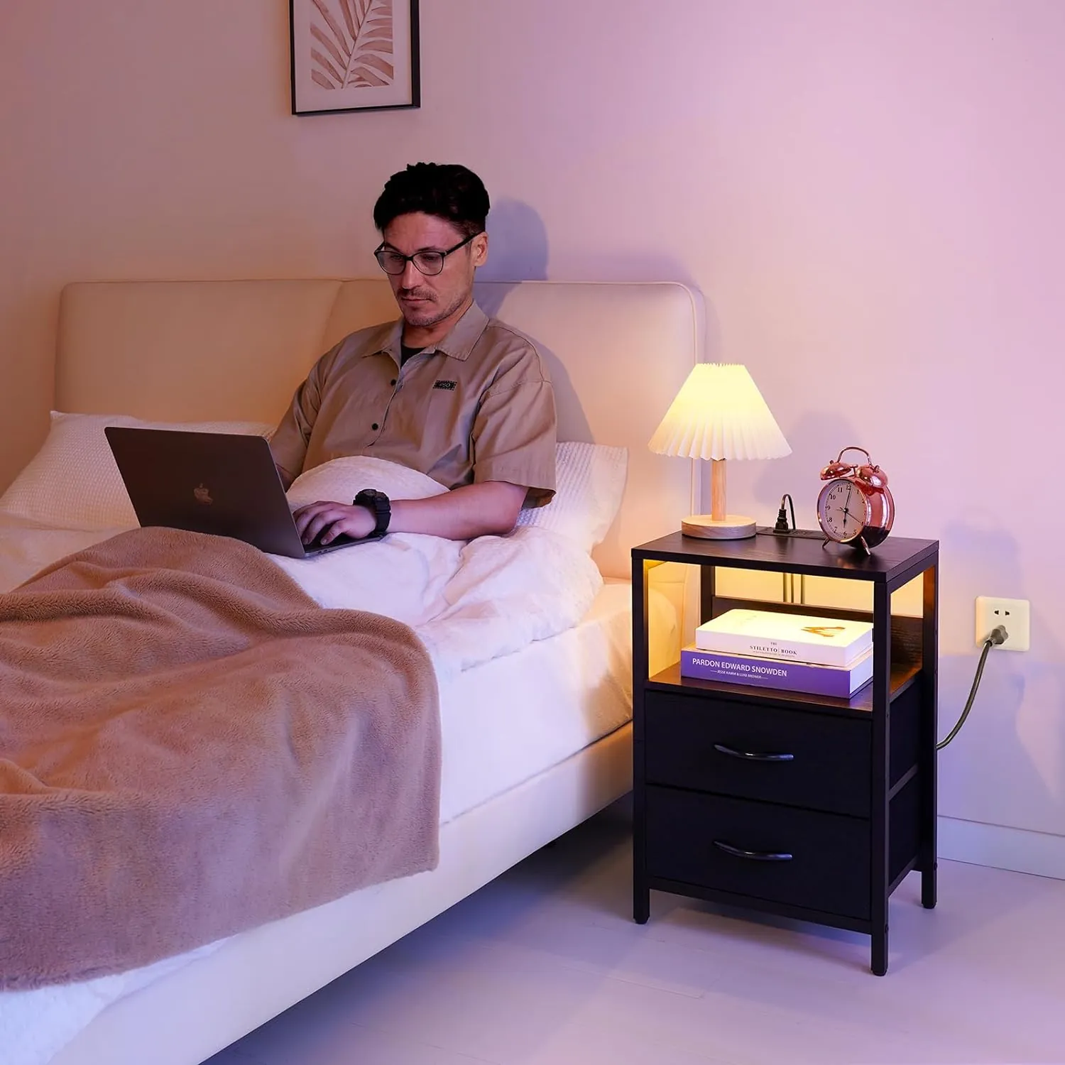 Yoobure Nightstand with Charging Station, LED Night Stand with Fabric Drawers and Storage Shelf for Bedroom, Nightstands Bedside Tables with USB Ports & Outlets, Small Night Stands, Bed Side Table - Image 8